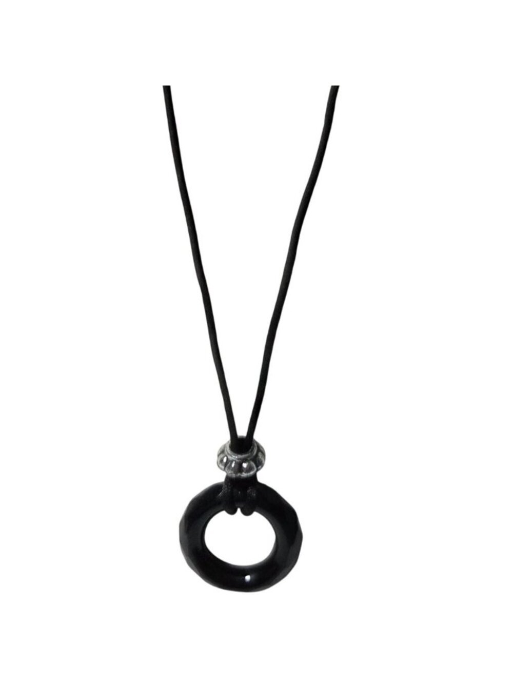 Black Faceted Ring Pendant Necklace Silver Tone Accents Adjustable Cord Jewelry